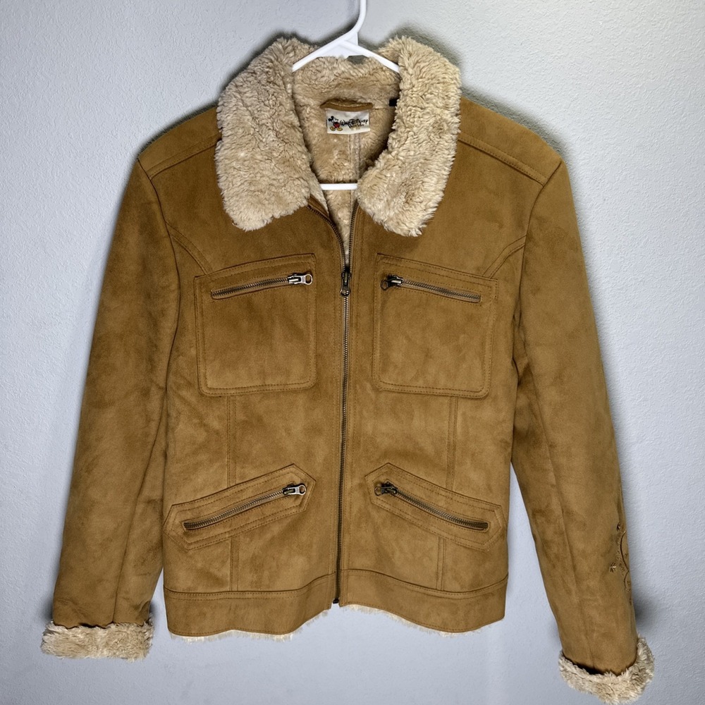 Disney World Vegan Leather Jacket Women Full Zip Brown Size medium embroidered